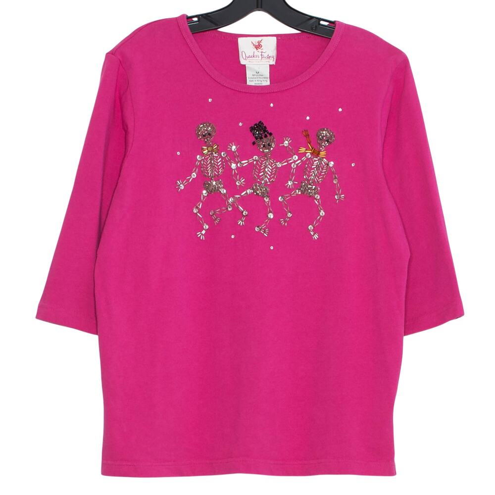 Vintage Quacker Factory Top 3/4 Sleeve Skeleton Halloween Beaded Pink Medium